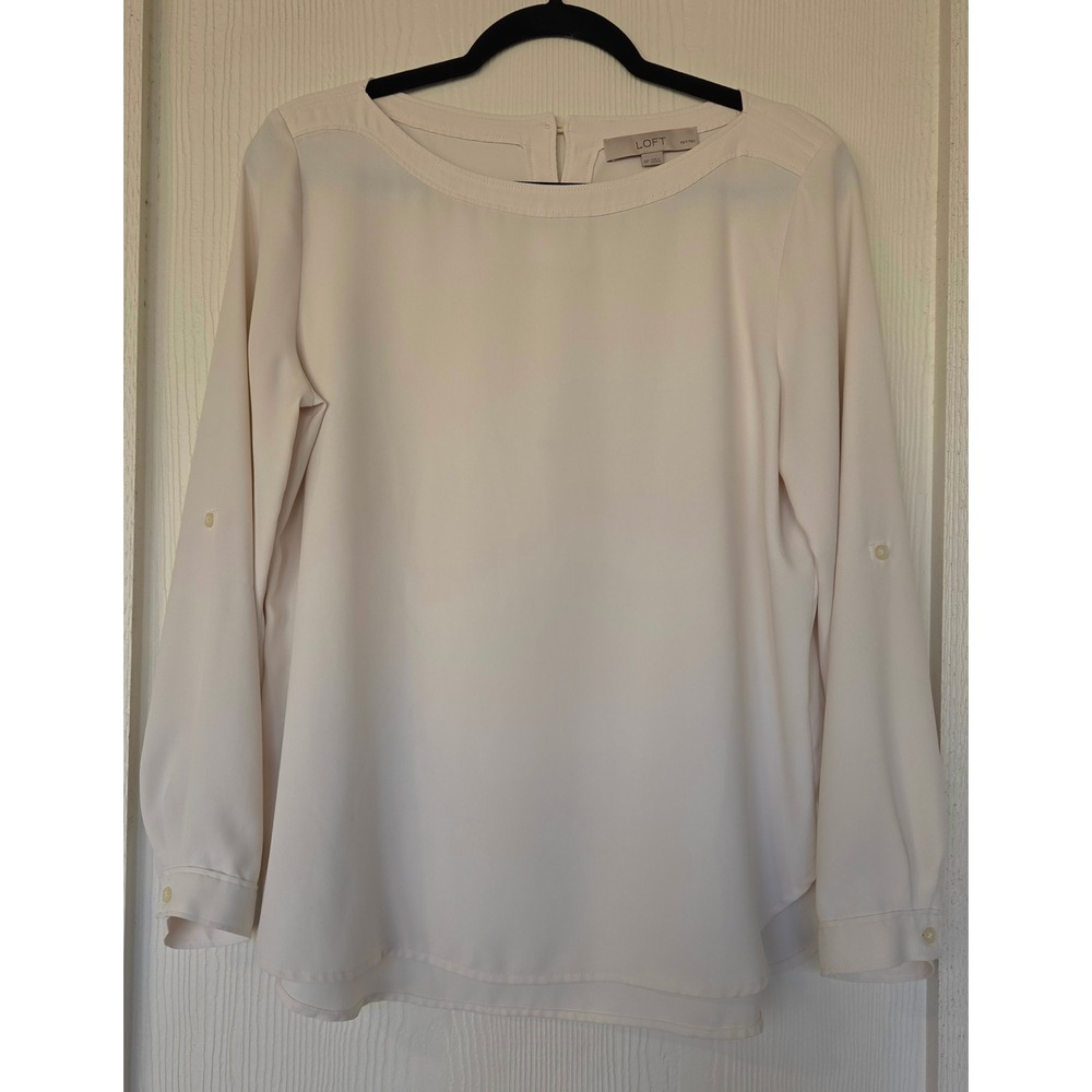 LOFT White Roll Tab Sleeve Button Back Blouse Top Sz MP Office Preppy Old Money